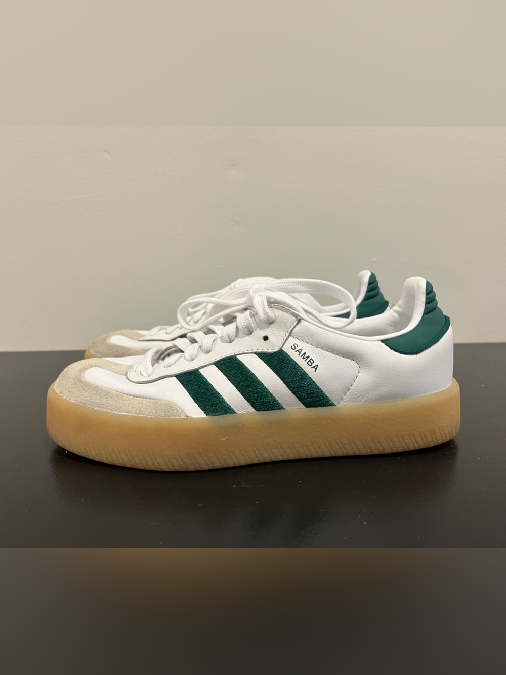 adidas White Sneakers with Green Stripes and Gum Sole